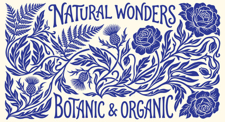 Vintage floral block print typography banner. dark blue classic rose, fern frond, thistle, scrolling text. for rustic apothecary labels, elegant botanical branding. classic vector layout. © ARTIST LAB