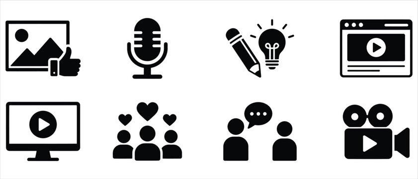 Set of multimedia and communication icons for and content creation including microphone editing with multimedia communication creation microphone lightbulb production
