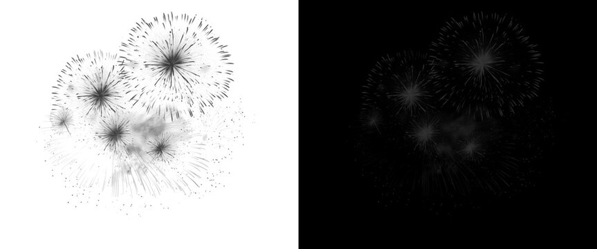 Monochrome fireworks display with alpha channel, black and white pyrotechnic explosions, festive firework bursts for overlay and compositing