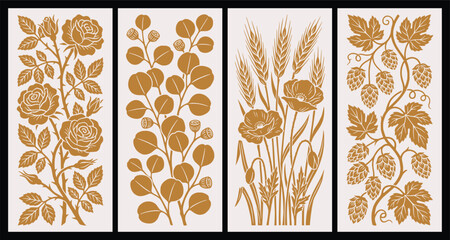 Monocolor floral block print vertical panels. gold brown rose vine, eucalyptus, poppy, hops, wheat. for vintage botanical wine labels, organic wedding invitations. rustic vector graphic. © ARTIST LAB