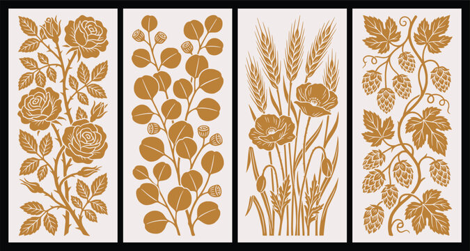 Monocolor floral block print vertical panels. gold brown rose vine, eucalyptus, poppy, hops, wheat. for vintage botanical wine labels, organic wedding invitations. rustic vector graphic.