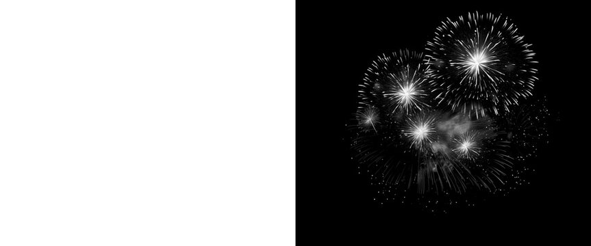 Monochrome fireworks display on black background, dramatic black and white pyrotechnics explosion, festive light bursts for celebration and holiday design