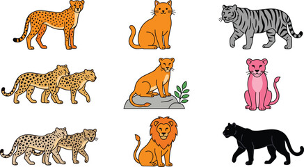 Cute cartoon big cats vector illustration set with lion tiger cheetah leopard panther lioness isolated elements on plain white background for design © Mifta