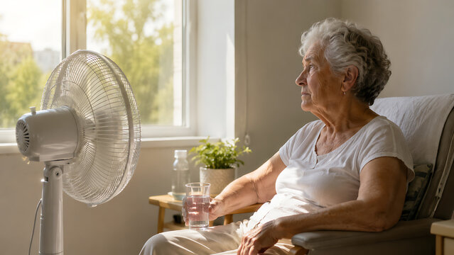 Elderly Woman Resting Near Fan During Summer Heat