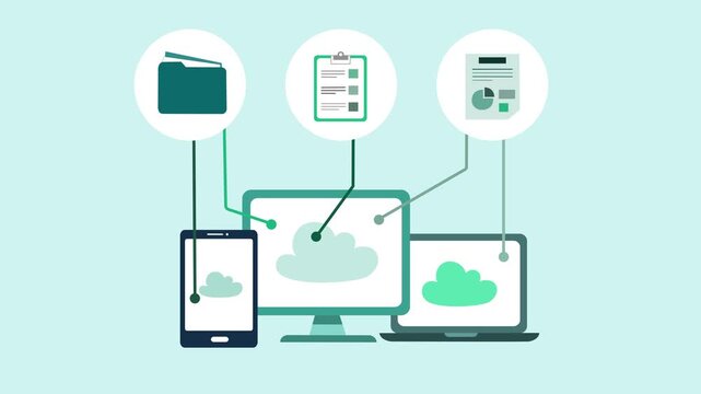 Cloud computing devices and document icons, Flat-style animation of cloud computing across devices and document icons