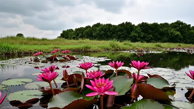 Wide landscape of pink water lilies in natural pond