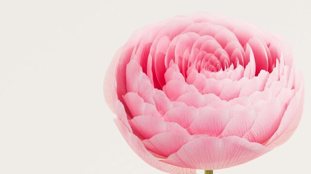 Pink ranunculus flower rising and spiraling into a beautiful bud with detailed petal veins on a soft cream background, minimalist elegant floral animation