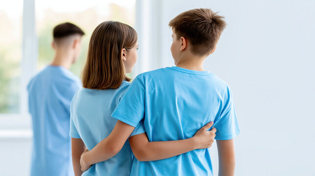 Back view physical therapist guiding patient in clinic, supportive rehabilitation exercise with young people