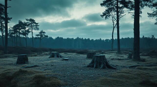 A stark landscape of deforested land with numerous tree stumps and scattered discarded waste under an overcast sky, highlighting environmental degradation.