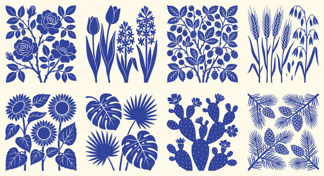 Monocolor floral block print square set. dark blue rose, sunflower, monstera, cactus, tulip, pine branches. for botanical textile patterns, rustic ceramic tiles. vintage vector graphic.
