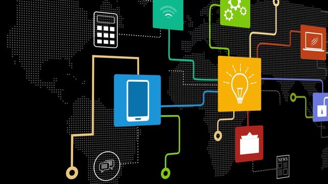Abstract digital network animation with app icons connected by lines over a dotted world map animation