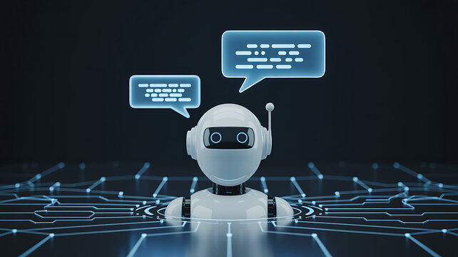 Robot with speech bubbles on a circuit board background, white robot round robot head