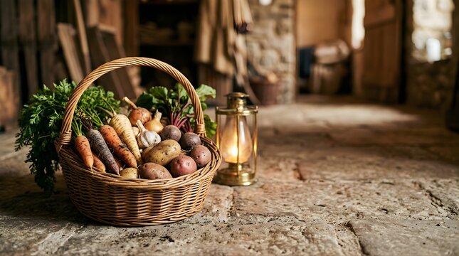 Wicker basket of fresh organic farm vegetables on stone floor by lantern