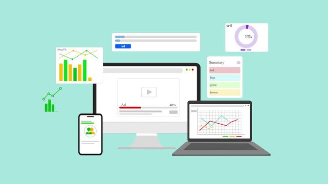 Flat animation of multiple devices showing charts, graphs and analytics widgets on a mint animated