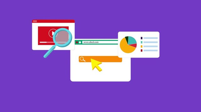 Flat design seo concept browser window with search bar, magnifying glass, pie chart analytics widget animation