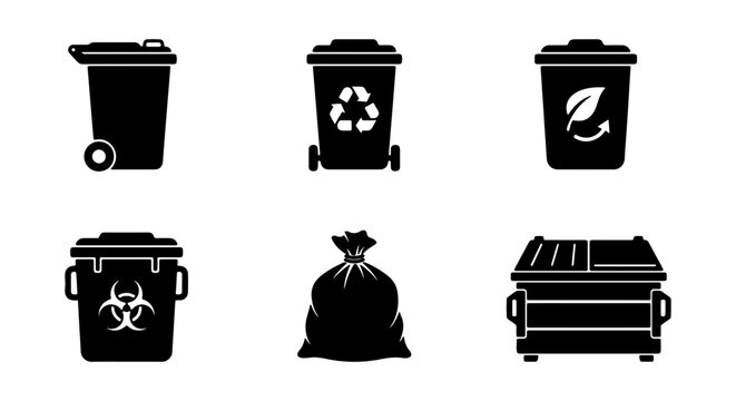 Recycling Bin and Trash Can Icons, Waste Management Vector Set, Garbage Container Collection