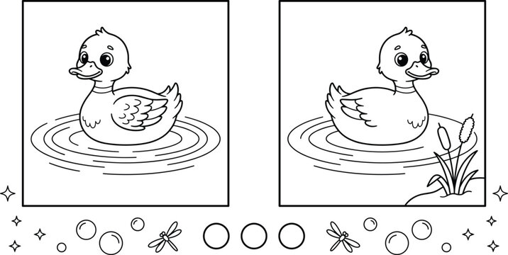 Find the Differences Cute Duck Pond Game Line Art Vector Worksheet and Kids Coloring Page Design