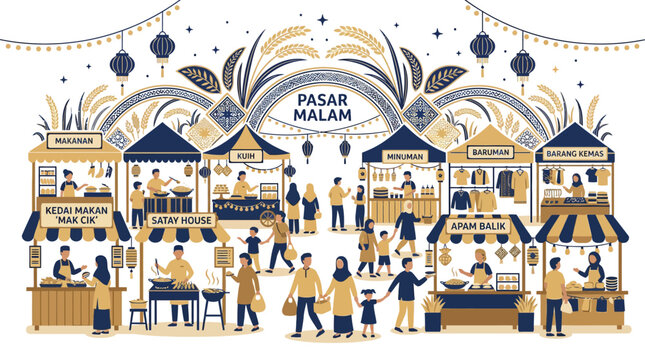 Pasar Malam Night Market Scene with Food Stalls, People, Lanterns, and Festive Decorations