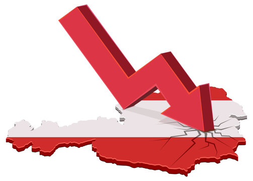 Vector artwork symbolizing economic decline, financial recession, market crash, or political crisis hitting the flag map of Austria with a destructive downward red arrow, (cut out)