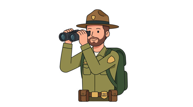 Park Ranger with Binoculars Looking Out, Cartoon Style Illustration