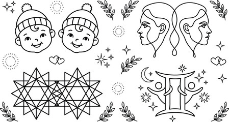 Fototapeta premium Gemini Zodiac Sign and Cute Twins Line Art Vector Set Featuring Horoscope Profile Face Elements