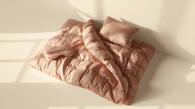 A Monochromatic Dusty Rose Colored Bedding Set Consisting Of A Quilted Puffer Comforter A Matching Pillow And A Silk Sleep Mask Arranged Neatly On The Floor In A Minimalist Room With Warm Geometric Su