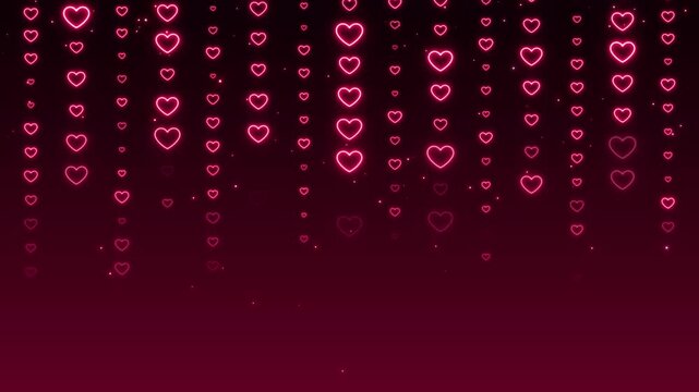 valentines day neon lights hearts strings on dark background animation, shiny and glowing valentine and romantic love social media motion background