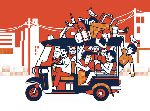 Overloaded Tuk-Tuk Journey: A vibrant illustration captures the chaotic yet cheerful spirit of a group crammed into an overstuffed tuk-tuk, navigating through a bustling cityscape.