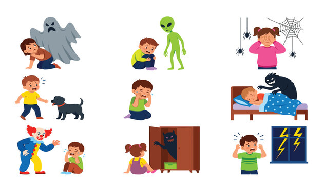 Kids phobias and childhood fears vector character set. Ghost, alien, spiders, clown, dog, monster, nightmare and lightning storm.