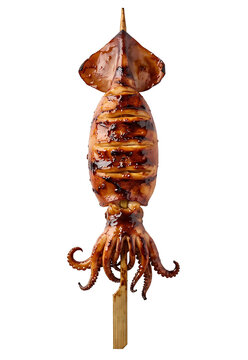 【背景透過】お祭りの屋台のイカの姿焼き串 / Grilled Whole Squid on a Skewer at a Japanese Festival [Transparent Background]