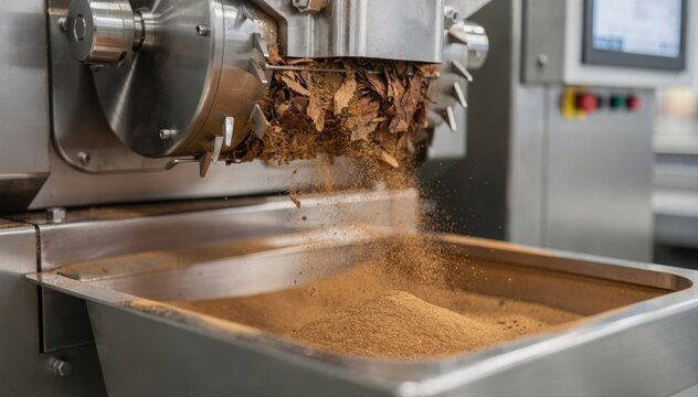 Closeup medium shot of advanced machinery pulverizing tobacco into ultrafine dry snuff powder highlighting precision grinding process for smooth l application.