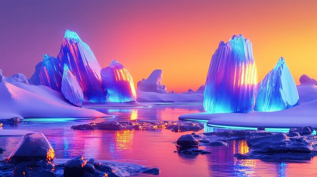 Surreal luminous icebergs reflect vibrant neon colors in a tranquil twilight water landscape