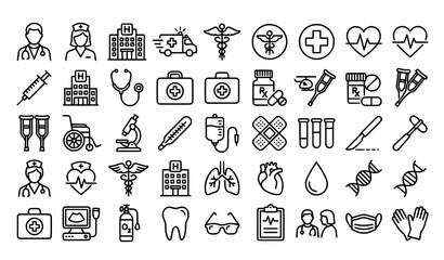 Naklejka premium Creative hospital healthcare outline vector icon set with minimalist doctor medical symbols