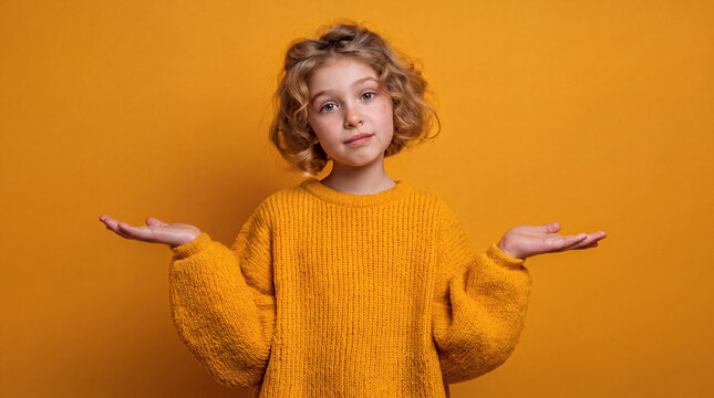 Cute little girl shrugging shoulders in confusion against a solid yellow background