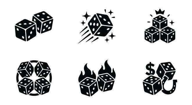 Black Silhouette Dice Set Vector Illustration With Decorative Elements
