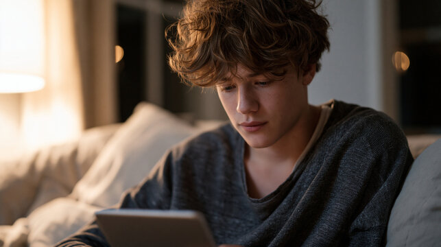 A high school student watches conspiracy theory videos on a shared family tablet late at night, the screen the only light in the room, the content suggestions visible on the