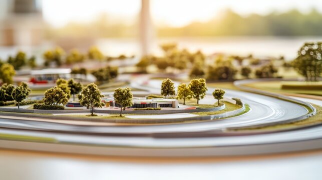 Detailed miniature racing circuit design model displayed in an office setting with natural lighting