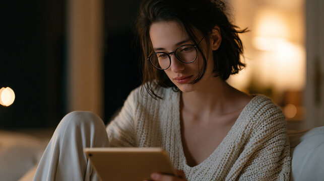 A high school student watches conspiracy theory videos on a shared family tablet late at night, the screen the only light in the room, the content suggestions visible on the