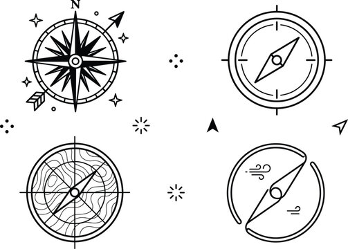 Nautical Compass Navigation and Vintage Wind Rose Line Art Vector Icon Set with Direction Pointers