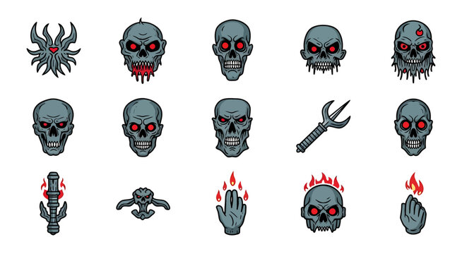 A collection of evil skulls and hands with red eyes and flames on a white background