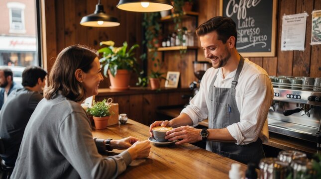 Friendly barista serving coffee to a customer in a cozy cafe