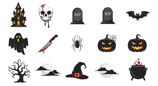 Halloween icons depict spooky night with haunted house and witch hat under full moon.