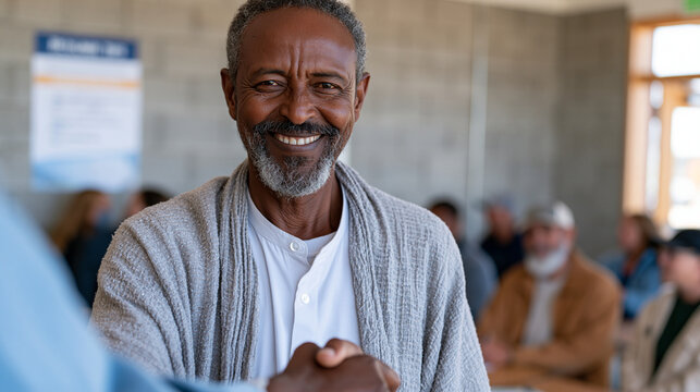 Eritrean refugee man in a workforce development classroom practicing a handshake with a career coach, a poster of resume tips on the cinder block wall, other participants visible