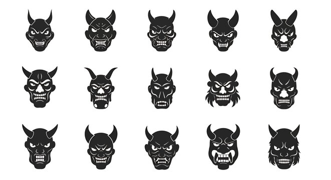 A collection of fierce demon masks are displayed on a white background for illustrations.