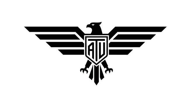 Minimalist eagle logo with monogram shield on white background