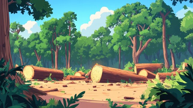 Deforestation scene with felled logs and surrounding forest under a bright sky