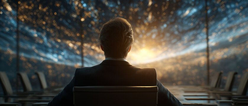 The Architect of Tomorrow: A lone figure in a suit, seen from behind, contemplates a vast, abstract digital landscape, symbolizing foresight and innovation in the face of complex future challenges.