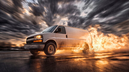 Obraz premium White commercial cargo van speeding away from a dramatic fire explosion on an asphalt road