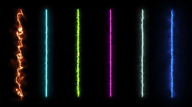 Collection of Colorful and Energy Vertical Lines Effects on a green screen background. Ideal for VFX compositing, video transitions, gaming effects, cinematic intros and motion graphics projects.