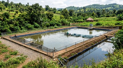 Fototapeta premium Agricultural fish farming pond surrounded by lush green hills and vegetation, with wooden walkways and aeration equipment visible in a rural setting